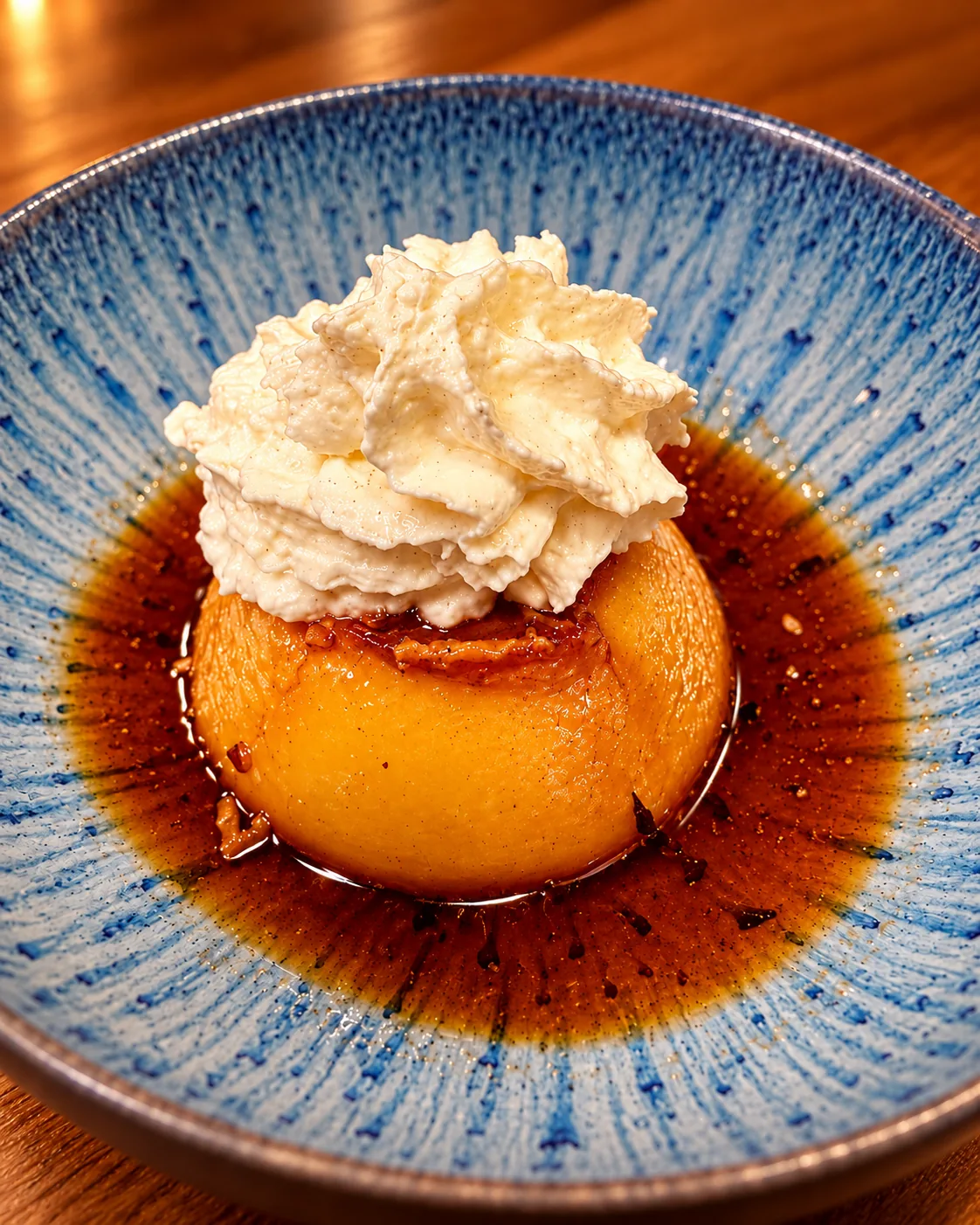 Flan con nata montada en un plato de cerámica azul