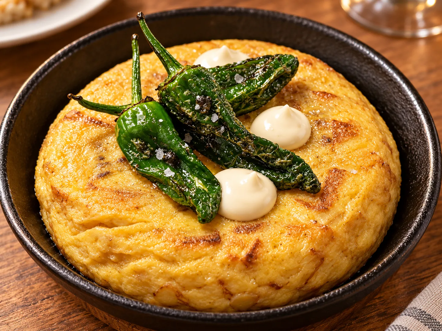 Tortilla de patatas con pimientos verdes y alioli