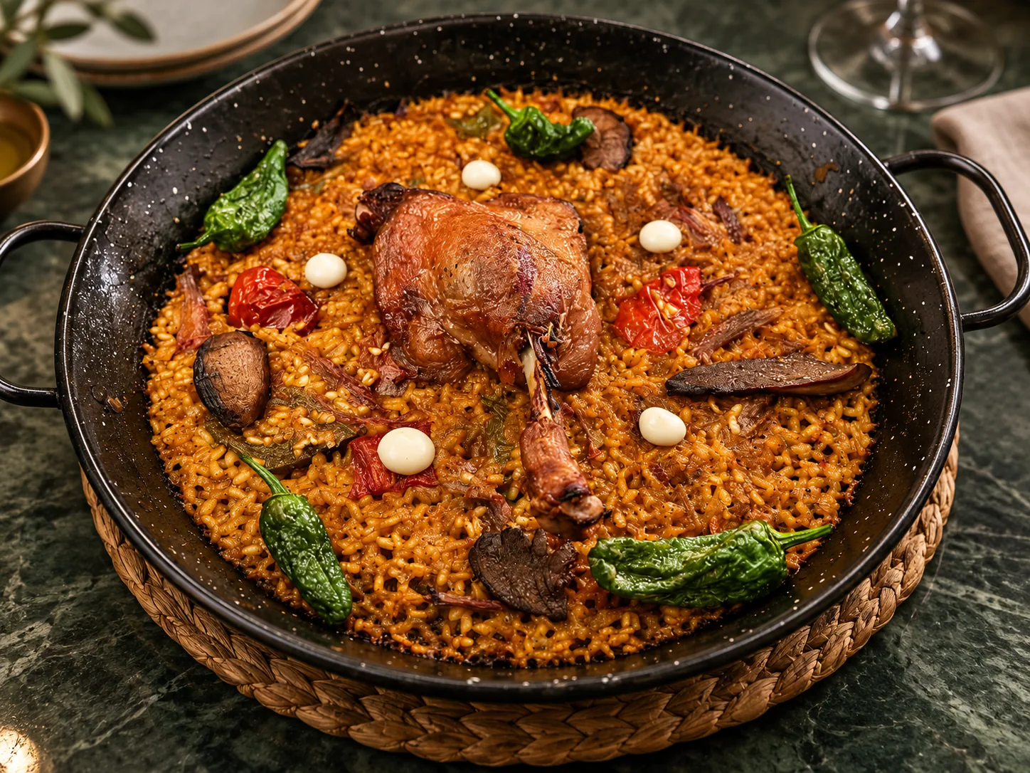 Arroz de pato servido en paella sobre una mesa de mármol