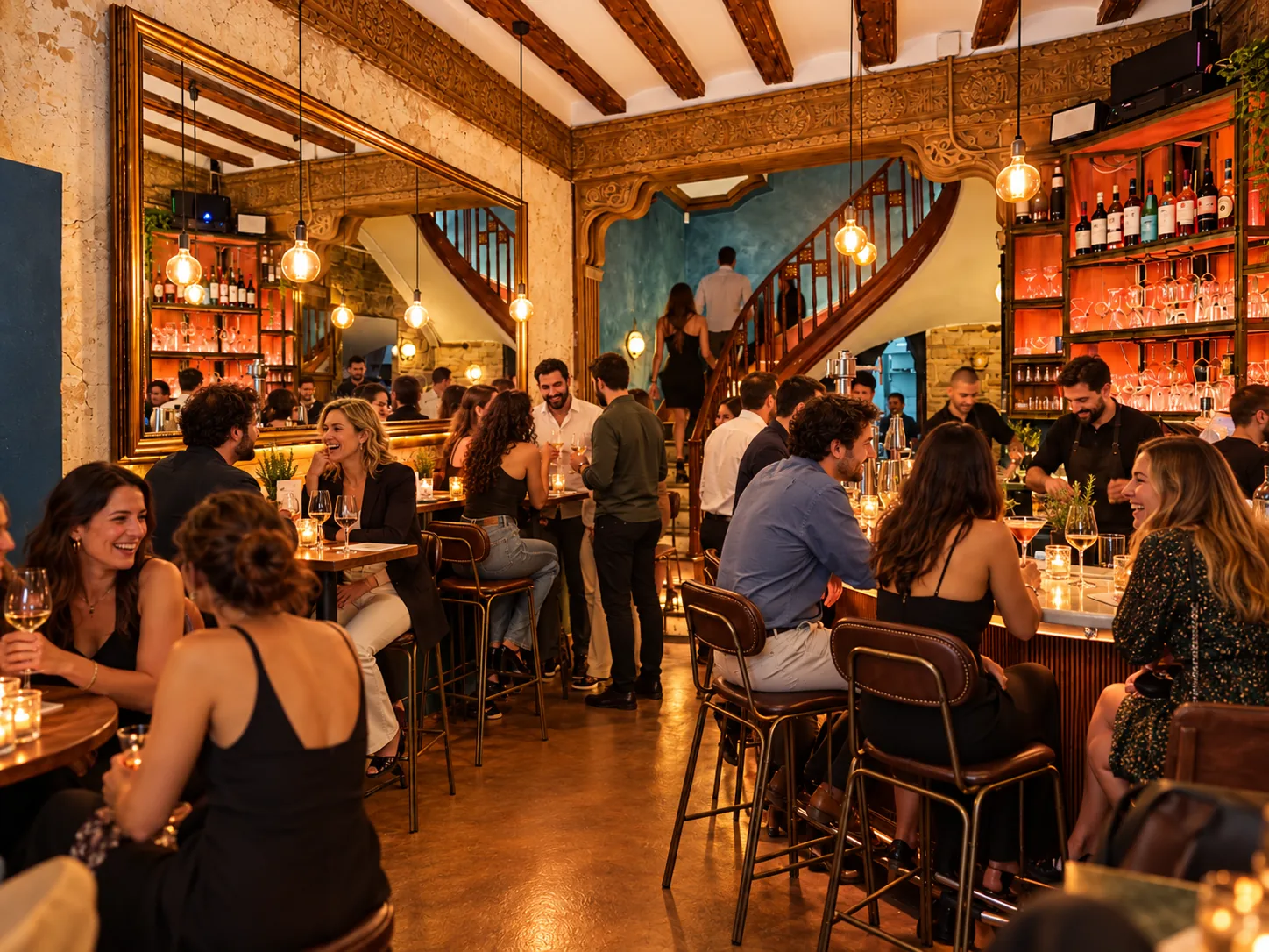 La barra de Amades, con vigas de madera, espejos antiguos y una escalera de caracol